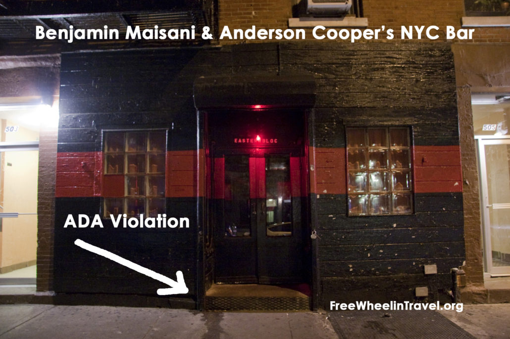 Anderson Cooper recently attacked the ADA on 60 Minutes. I discovered his partner Benjamin Maisani owns a bar called Eastern Bloc that is not wheelchair accessible.
