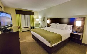 Hotel room with one king bed.