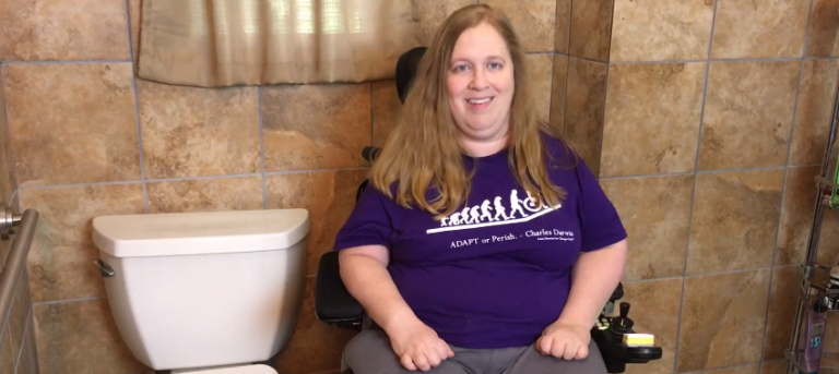 Karin Willison in bathroom talking about Medicaid.