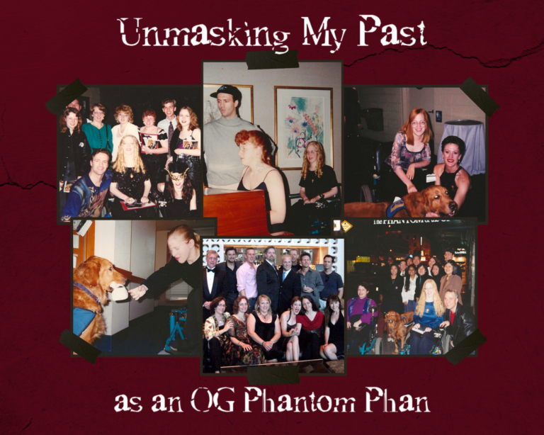 Photo collage featuring cast members and phans from The Phantom of the Opera in the 1990s.